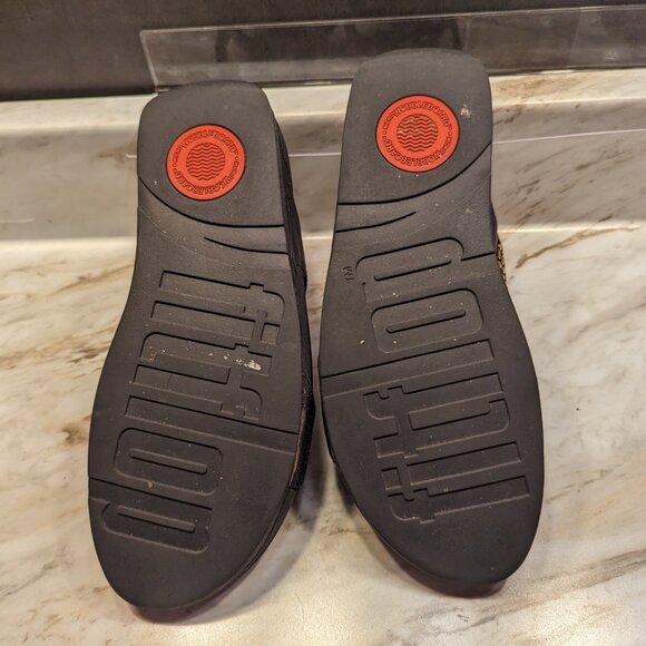 Ladies  Black Fitflops Slides with Double Gold Metallic Straps - Picture 2 of 5